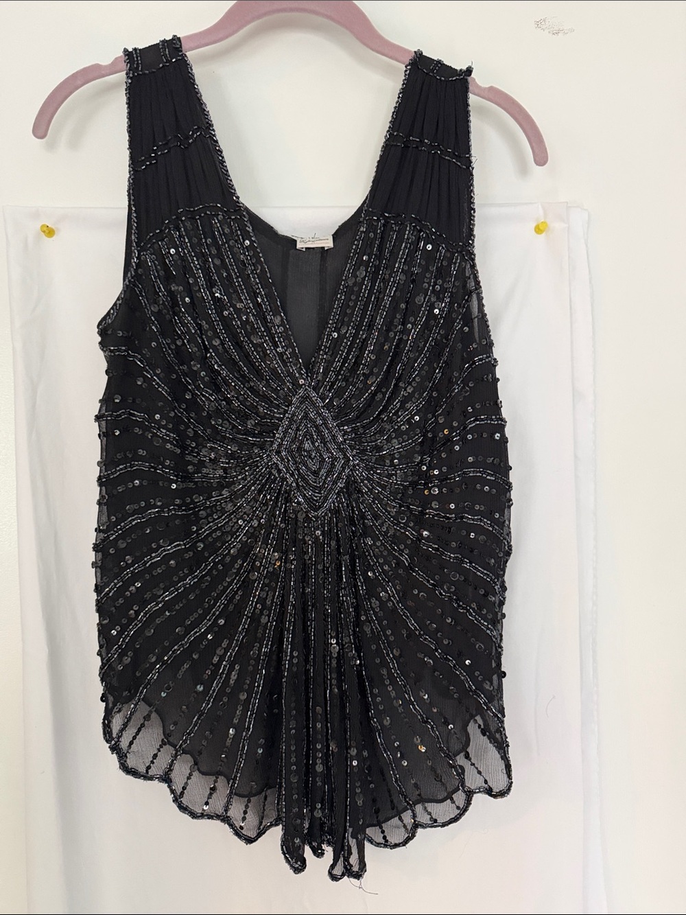 Vintage Hand Beaded Black V-Neck Tank Top/Size 6